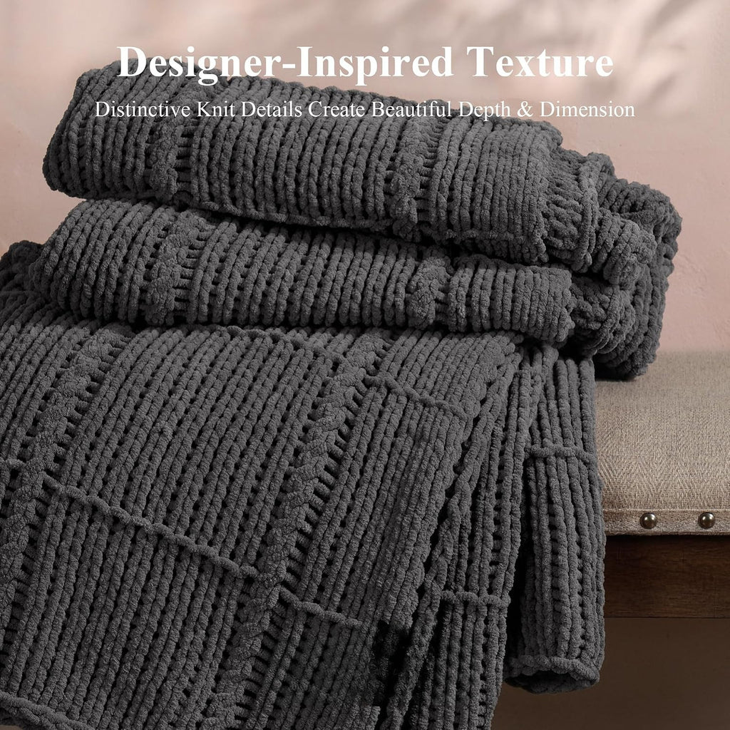 Gray Openwork Cable Knit Chenille Throw Blanket