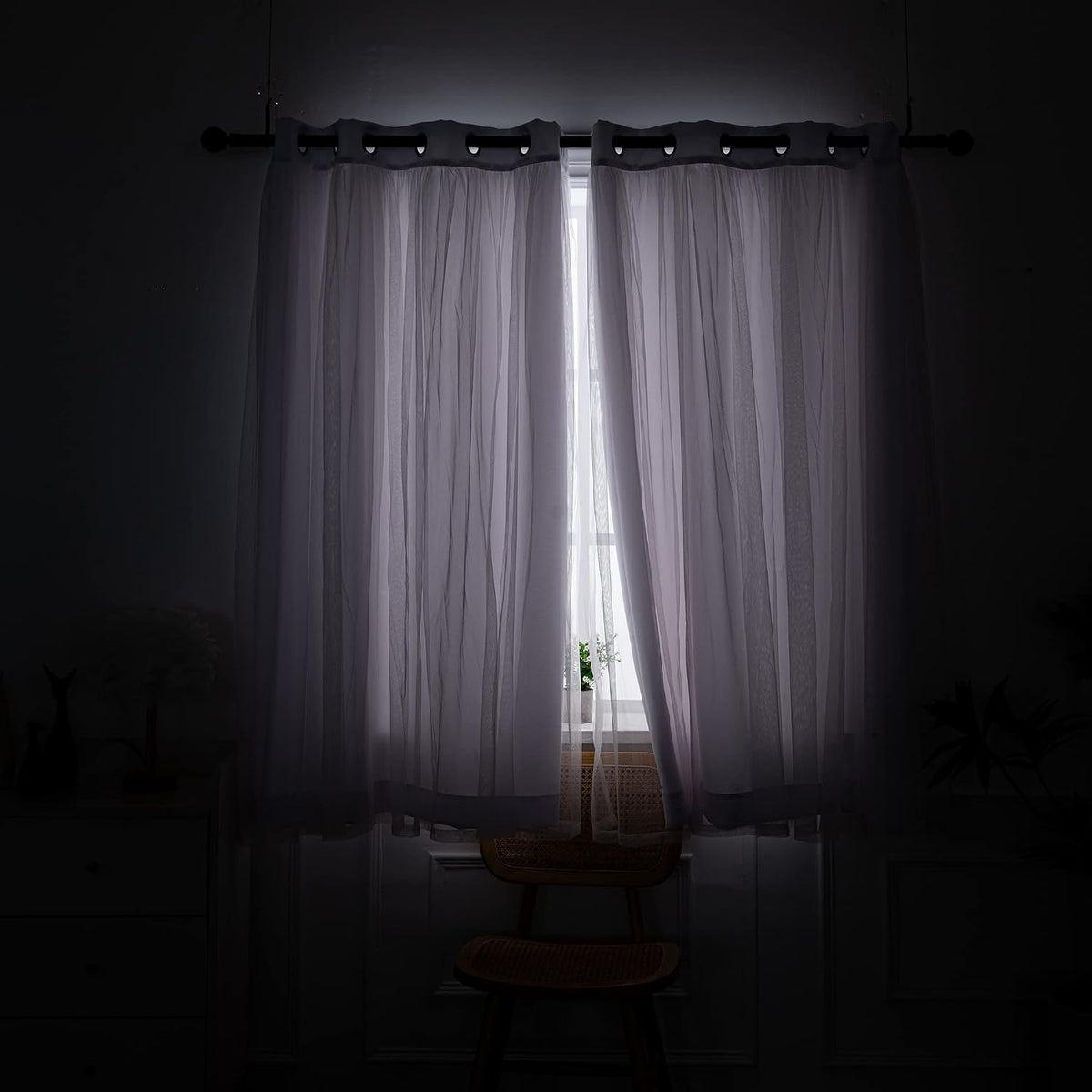 Greyish White Blackout Curtains With Sheer Overlay