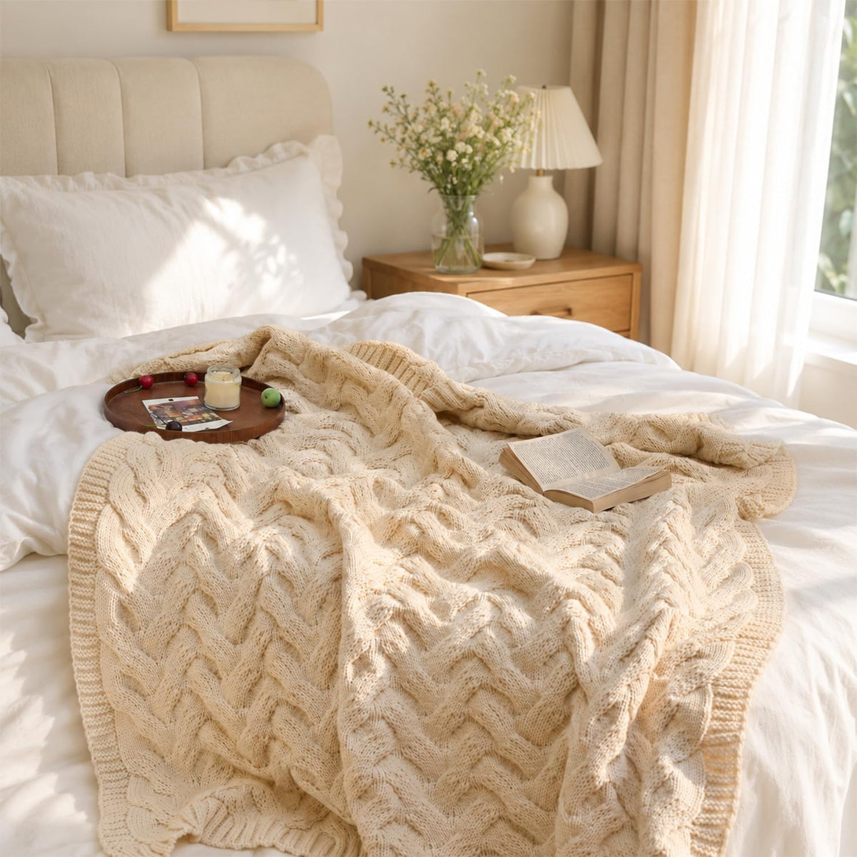Cream Acrylic Cable Knit Throw Blanket