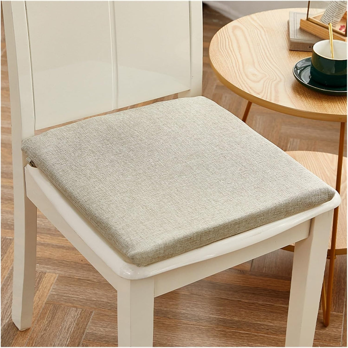 Beige Square Linen Tied Dining Chair Cushion