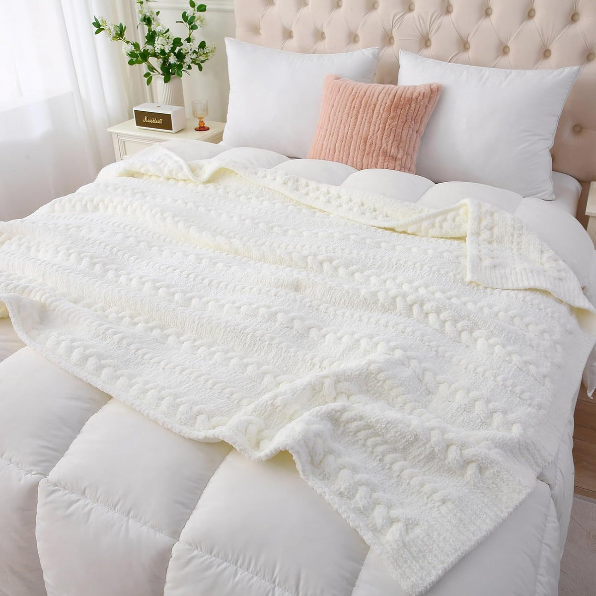 Off‑White Chunky Chenille Cable Knit Throw Blanket