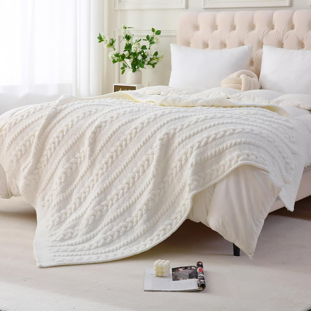Off‑White Chunky Chenille Cable Knit Throw Blanket