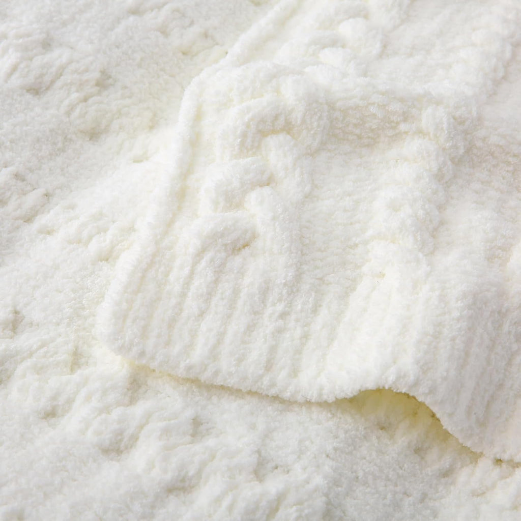 Off‑White Chunky Chenille Cable Knit Throw Blanket