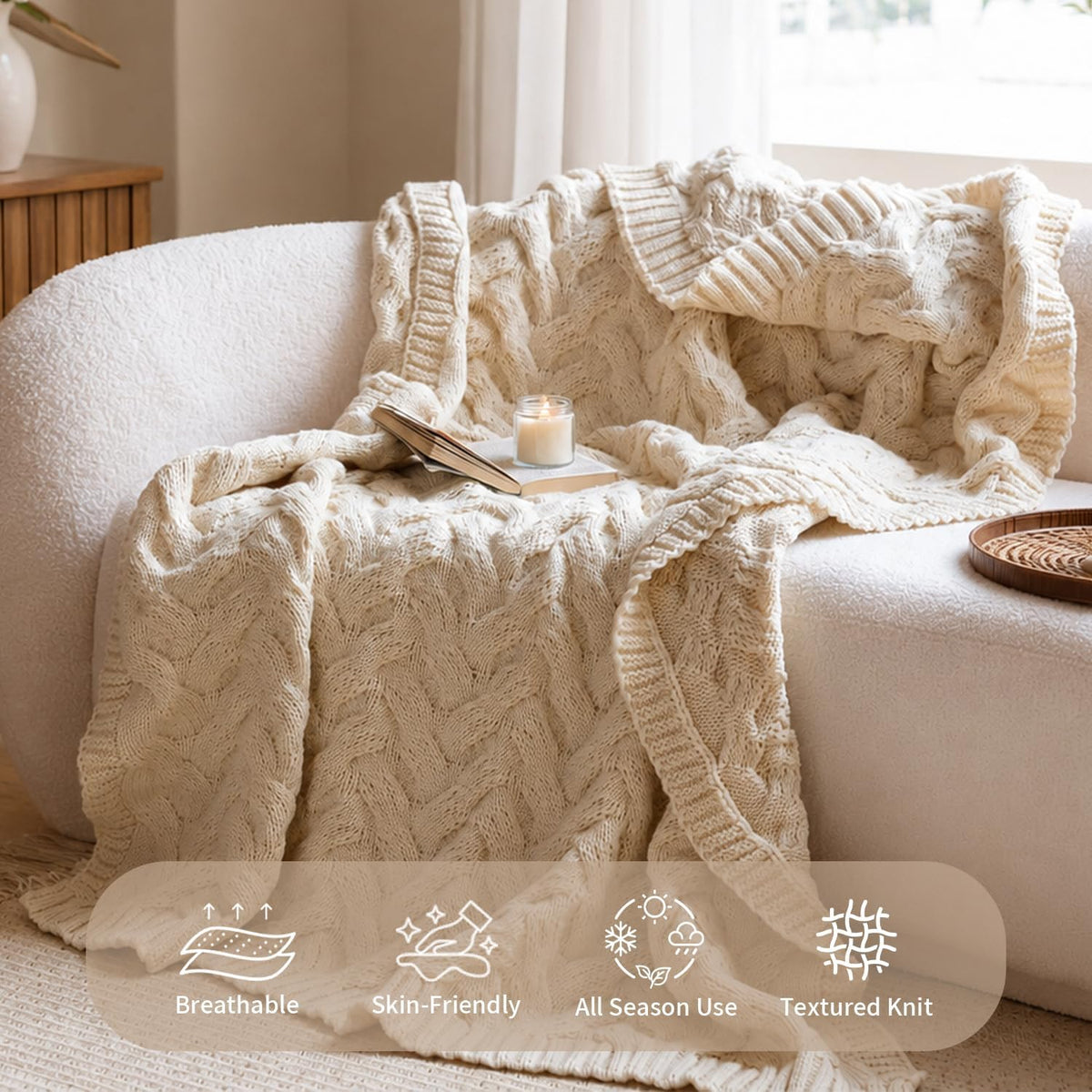 Cream Acrylic Cable Knit Throw Blanket