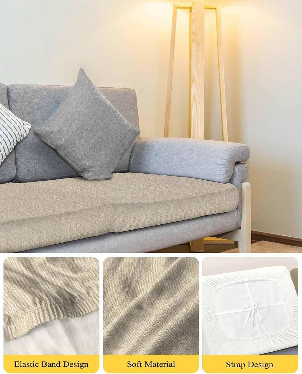 Beige Linen Stretch Sofa Cushion Covers