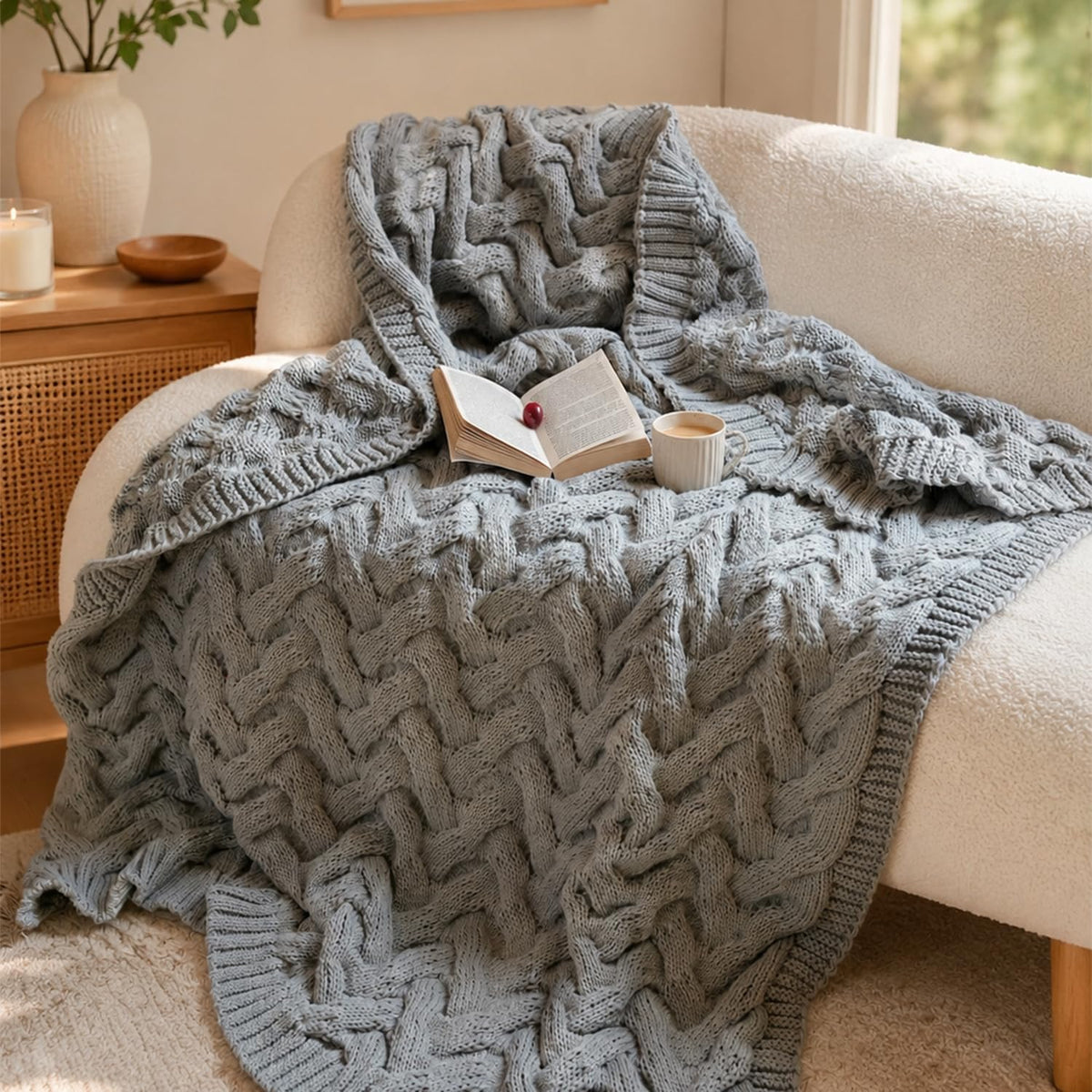 Light Grey Acrylic Cable Knit Throw Blanket