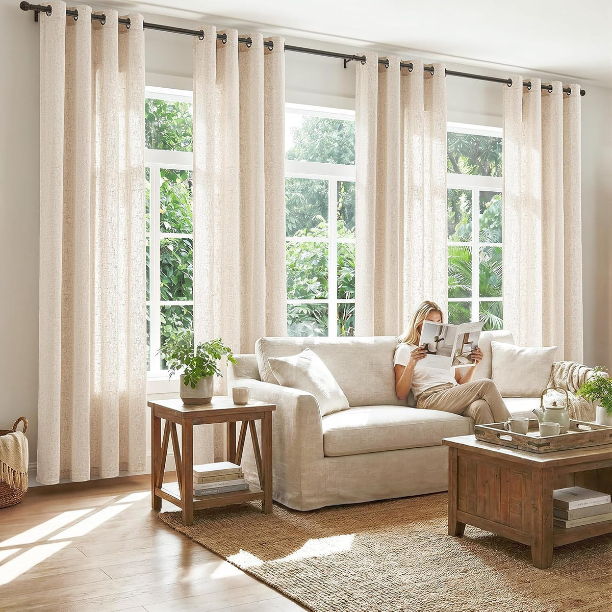 Beige Grommet Linen Light Filtering Curtains