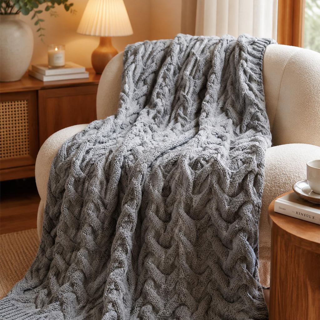 Light Grey Acrylic Cable Knit Throw Blanket