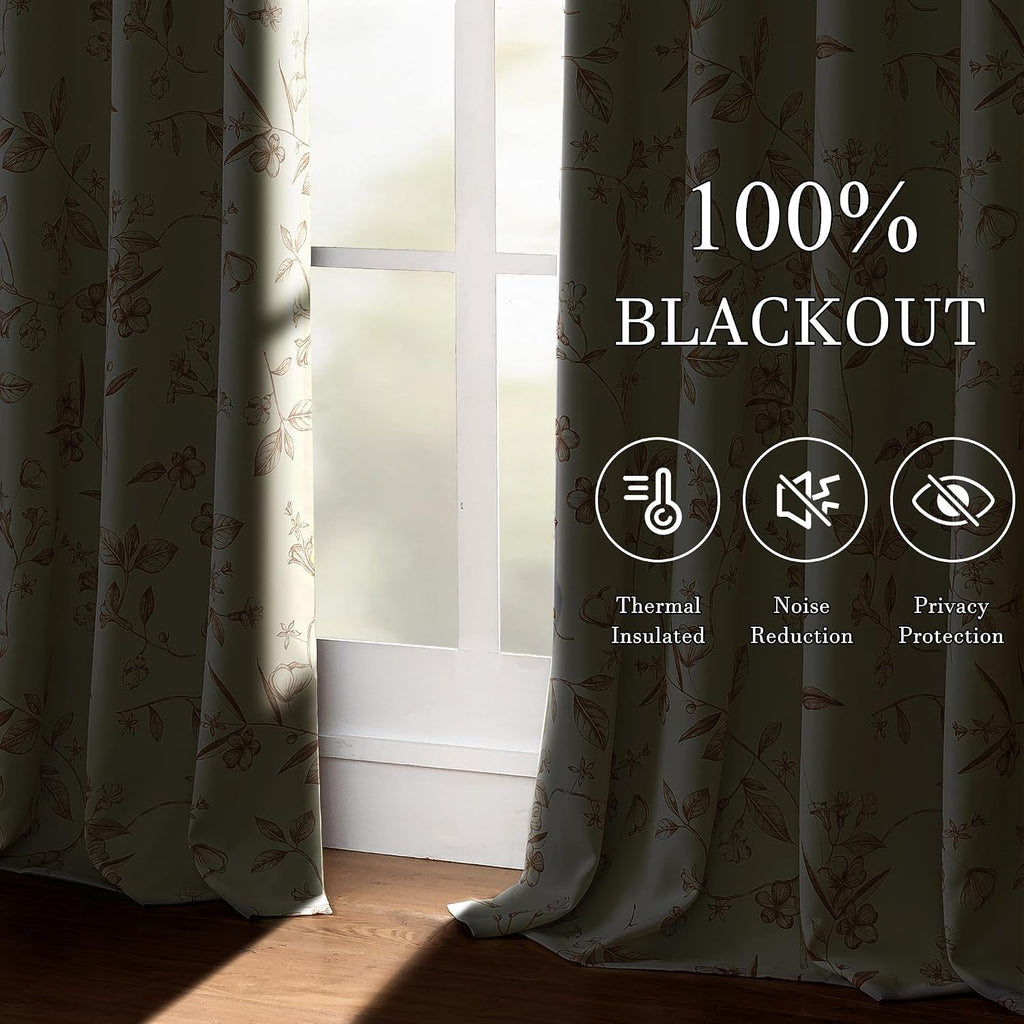 Brown Beige Floral Blackout Curtains
