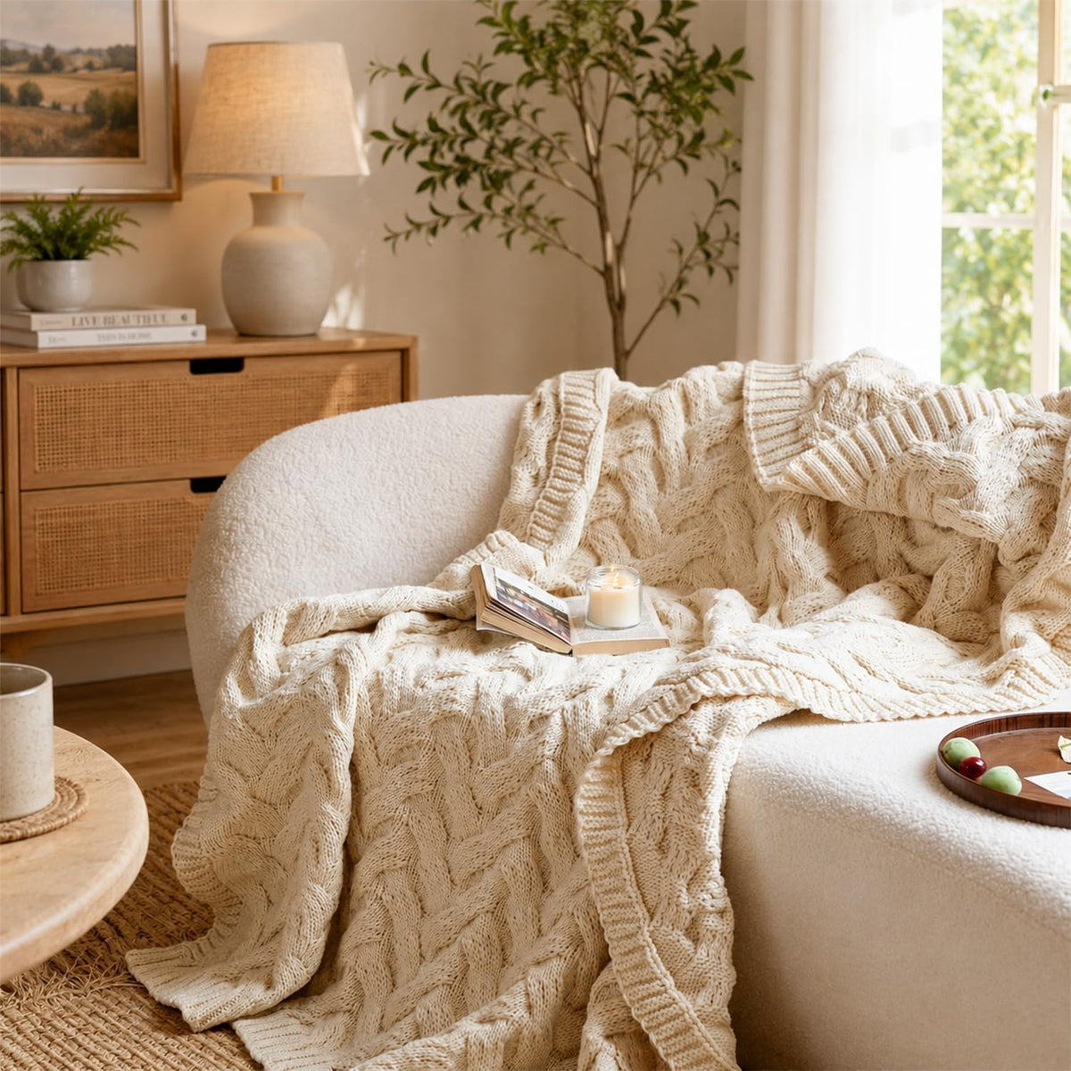 Cream Acrylic Cable Knit Throw Blanket