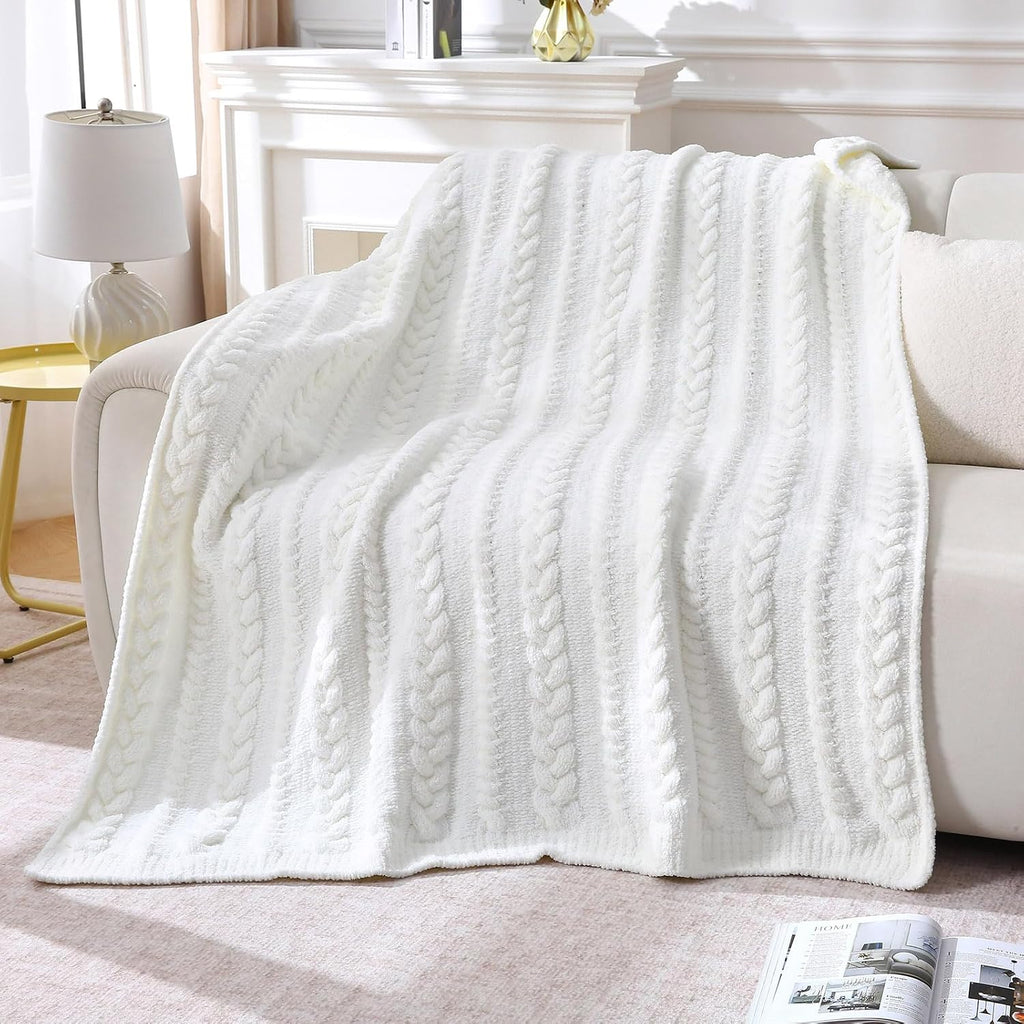 Off‑White Chunky Chenille Cable Knit Throw Blanket