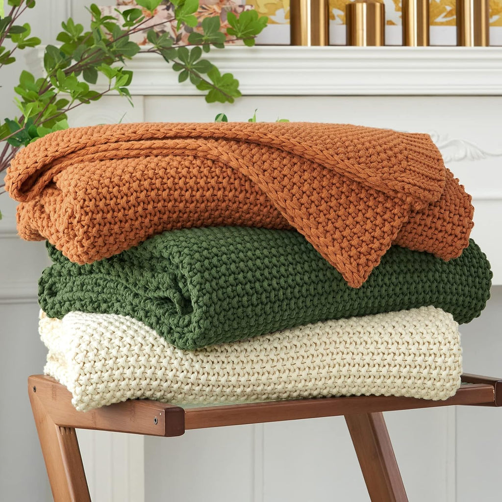 Bedding Cream Organic Cotton Cable Knit Throw Blanket