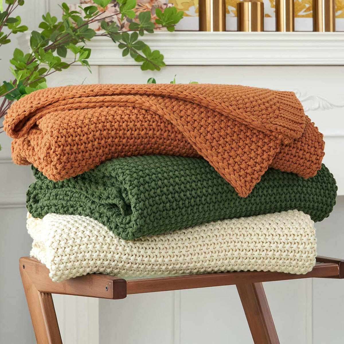 Bedding Cream Organic Cotton Cable Knit Throw Blanket