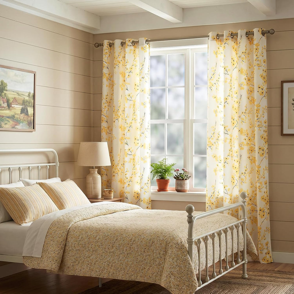 Yellow Floral White Blackout Curtains