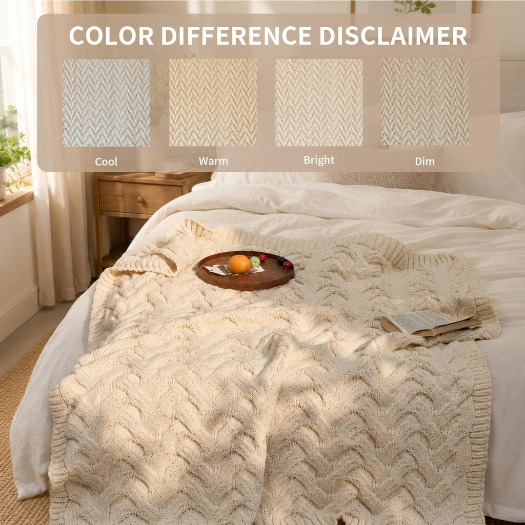Cream Acrylic Cable Knit Throw Blanket