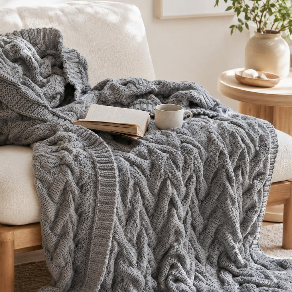 Light Grey Acrylic Cable Knit Throw Blanket