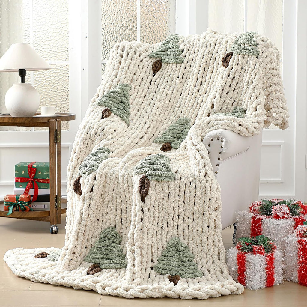 Green Chunky Knit Christmas Tree Throw Blanket