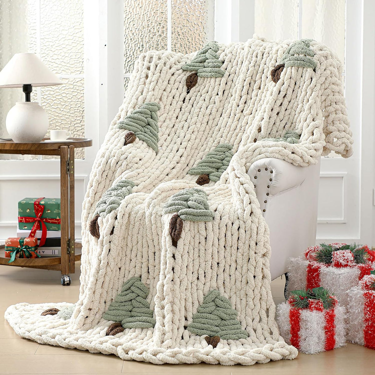 Green Chunky Knit Christmas Tree Throw Blanket