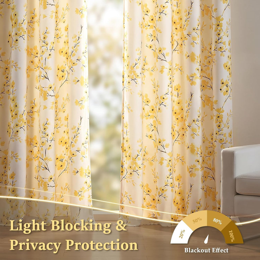 Yellow Floral White Blackout Curtains