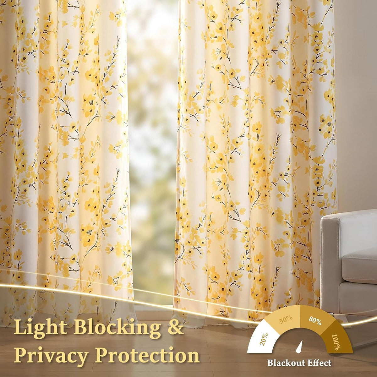 Yellow Floral White Blackout Curtains