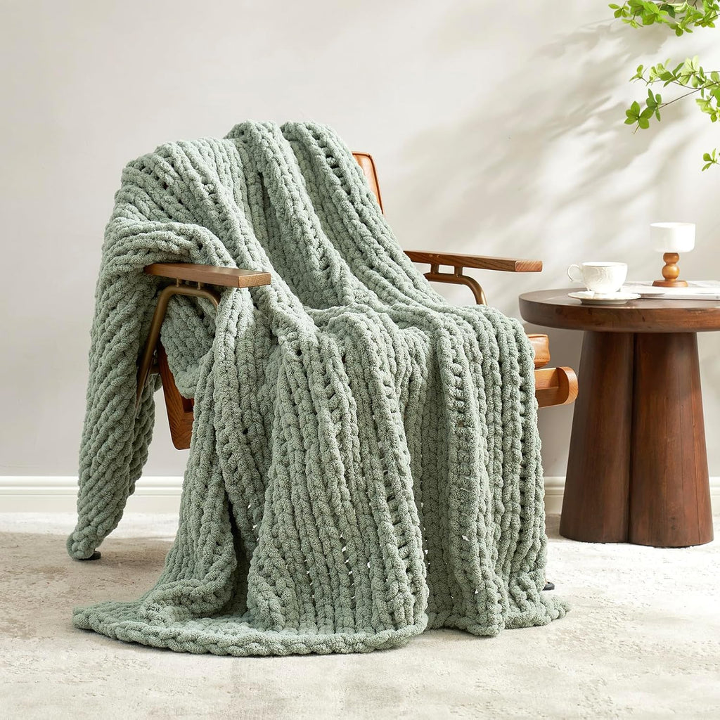 Home Sage Green Chenille Knit Throw Blanket