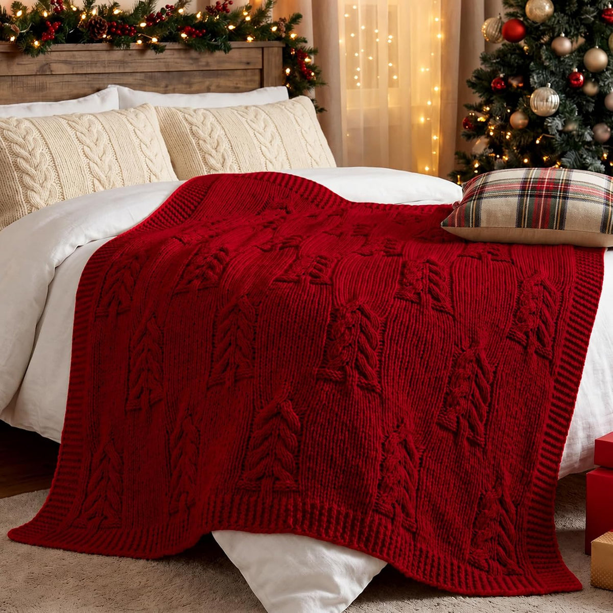 Burgundy Cable Knit Christmas Tree Throw Blanket