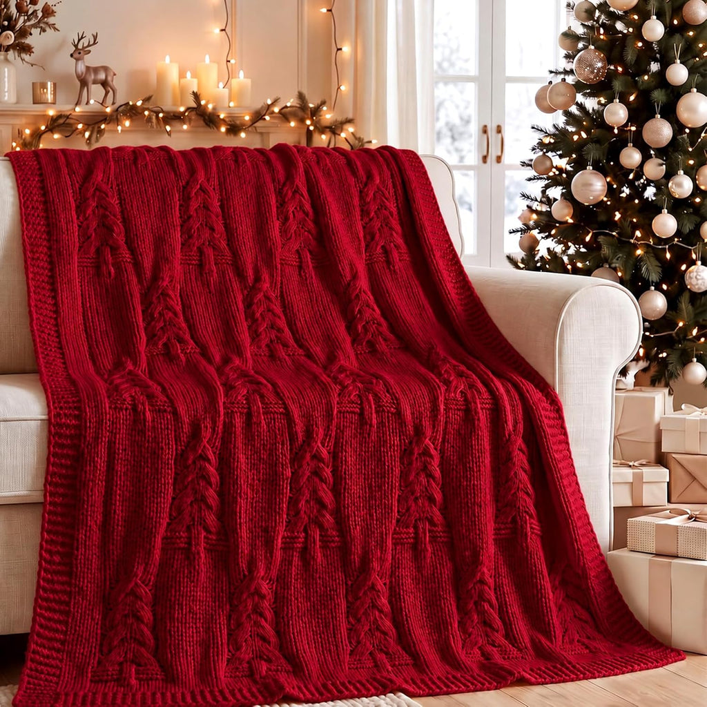 Burgundy Cable Knit Christmas Tree Throw Blanket
