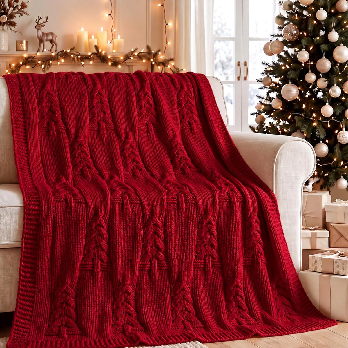 Burgundy Cable Knit Christmas Tree Throw Blanket