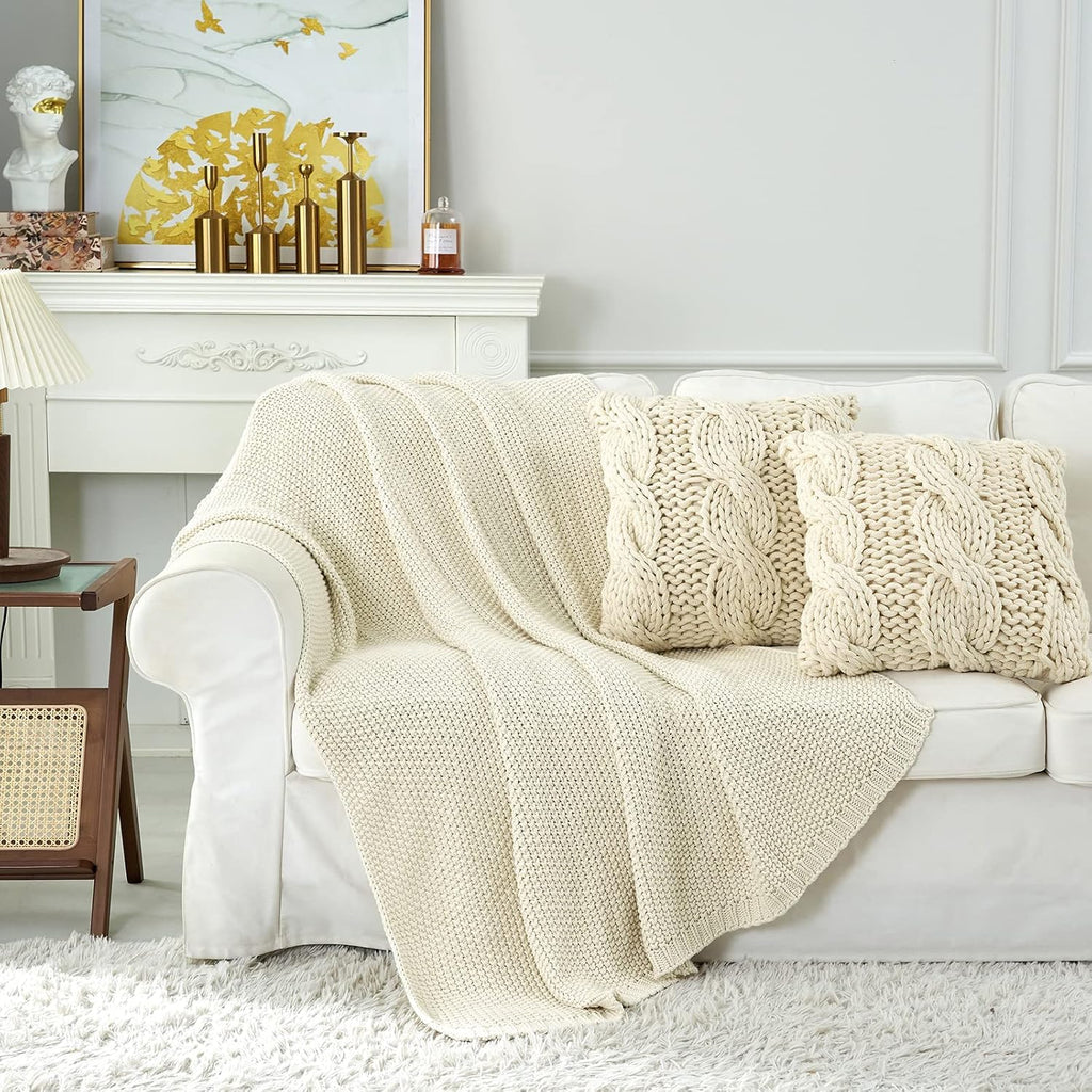 Bedding Cream Organic Cotton Cable Knit Throw Blanket