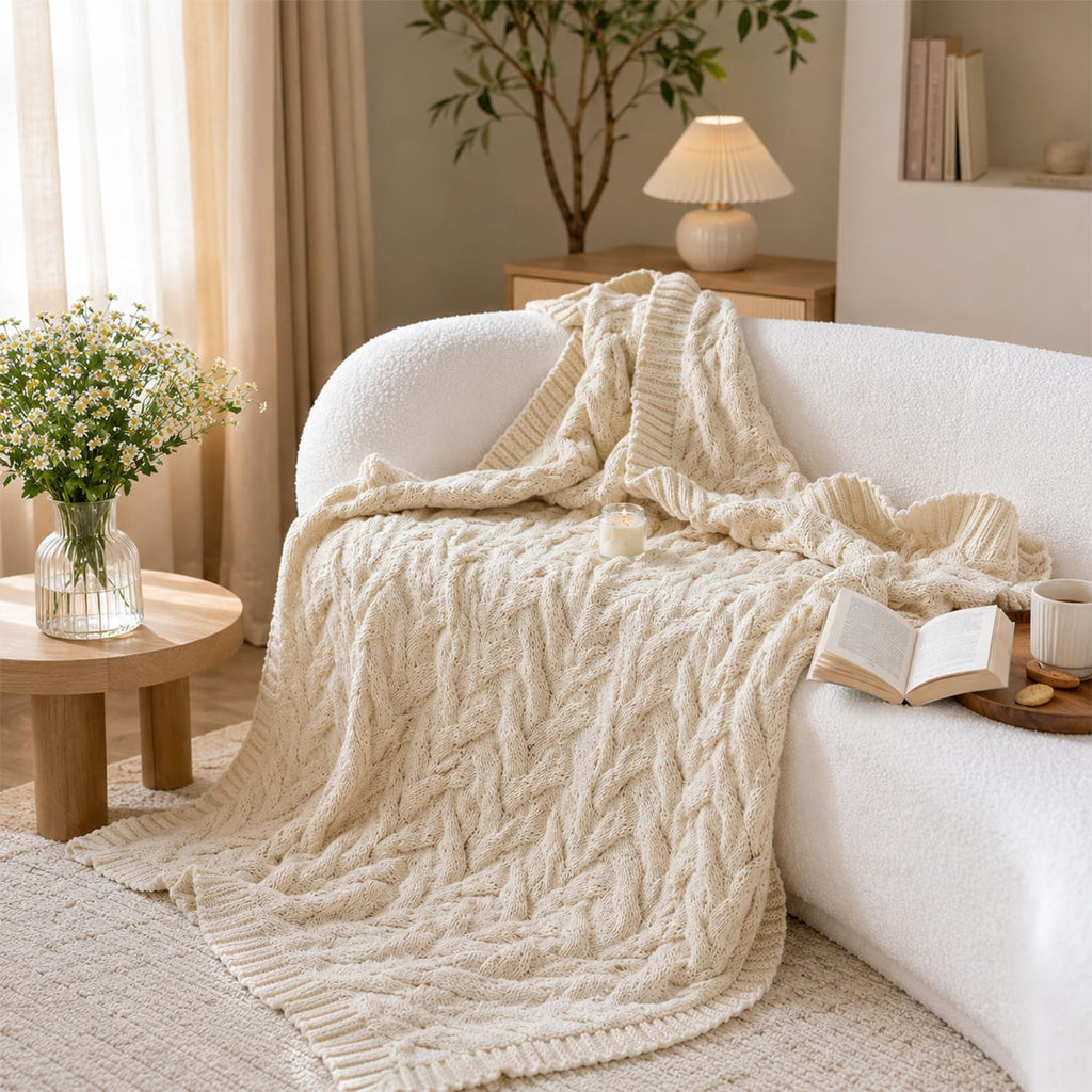 Cream Acrylic Cable Knit Throw Blanket