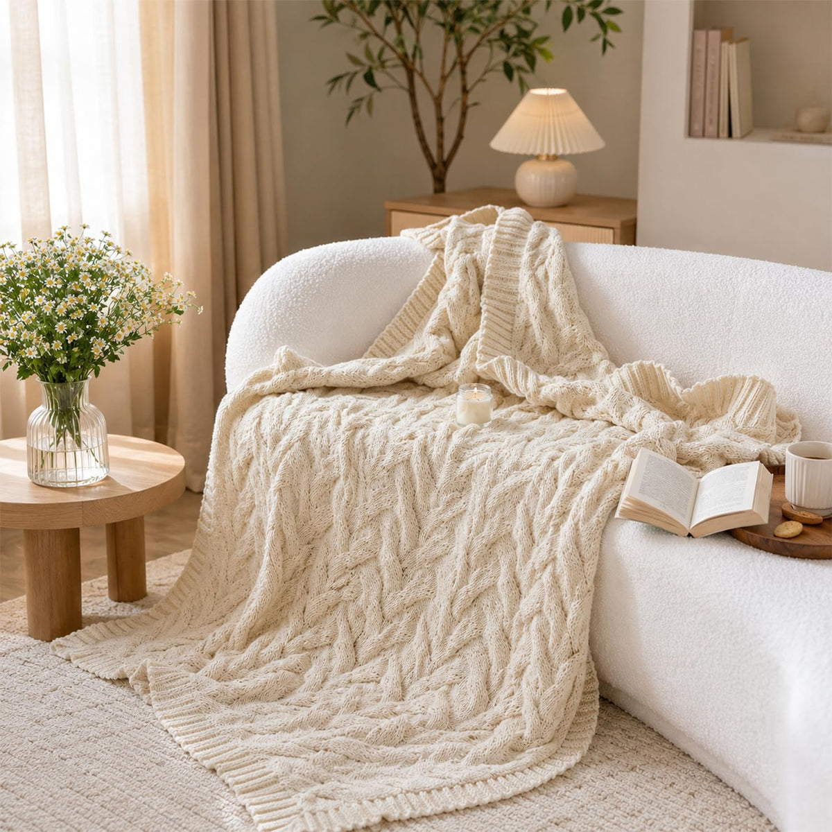Cream Acrylic Cable Knit Throw Blanket