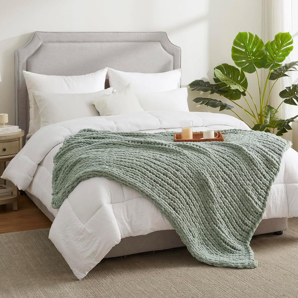 Home Sage Green Chenille Knit Throw Blanket