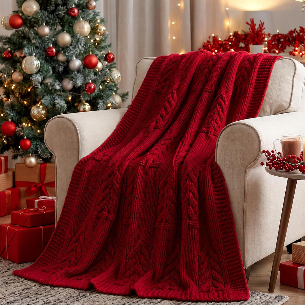 Burgundy Cable Knit Christmas Tree Throw Blanket