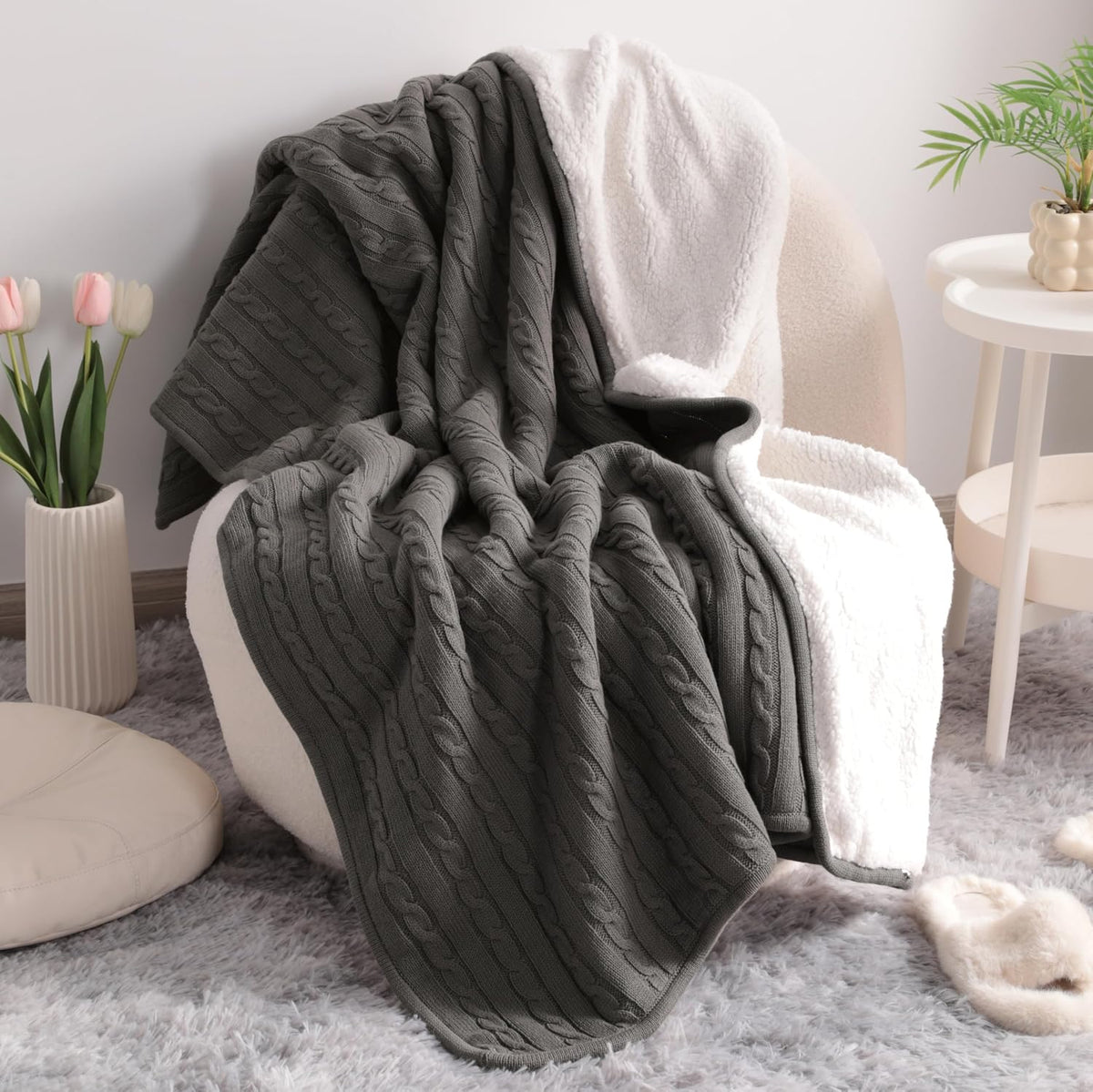 Grey Cotton Cable Knit Sherpa Throw Blanket