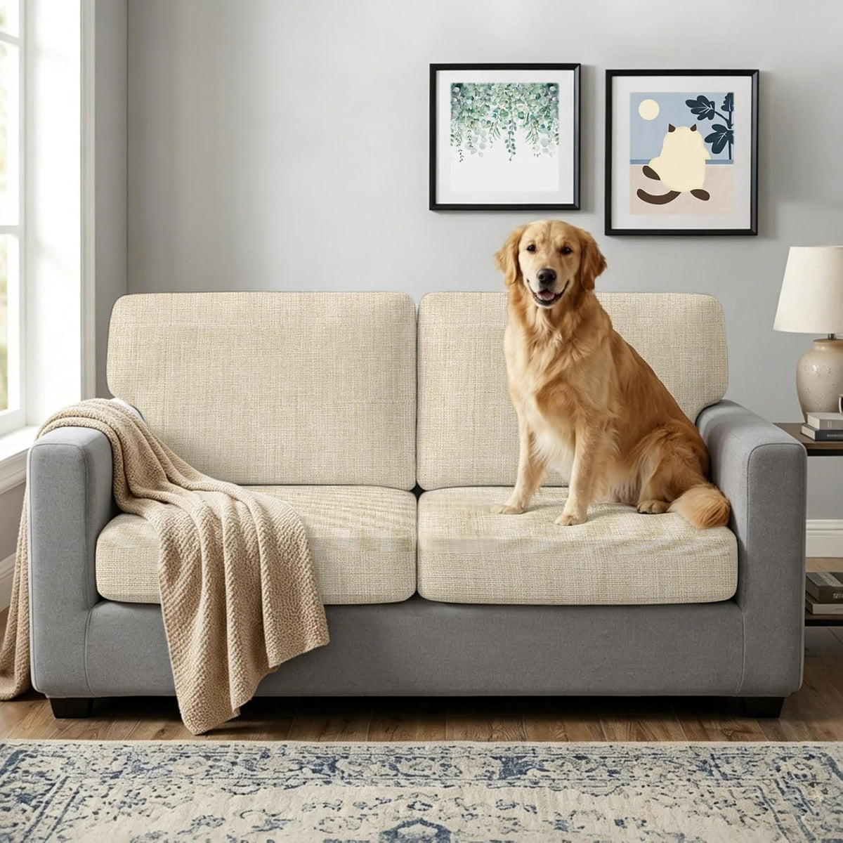 Beige Linen Stretch Sofa Cushion Covers