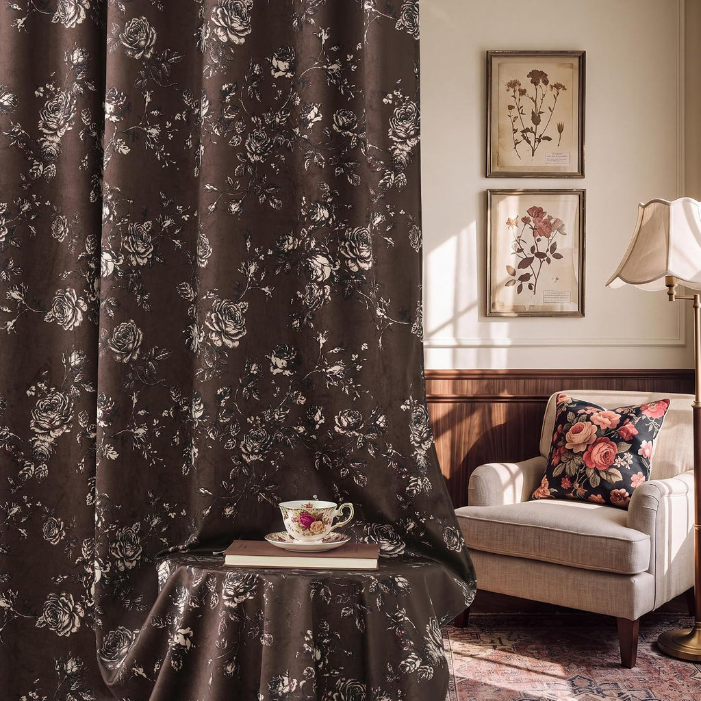 Brown Floral Velvet Vintage Curtains