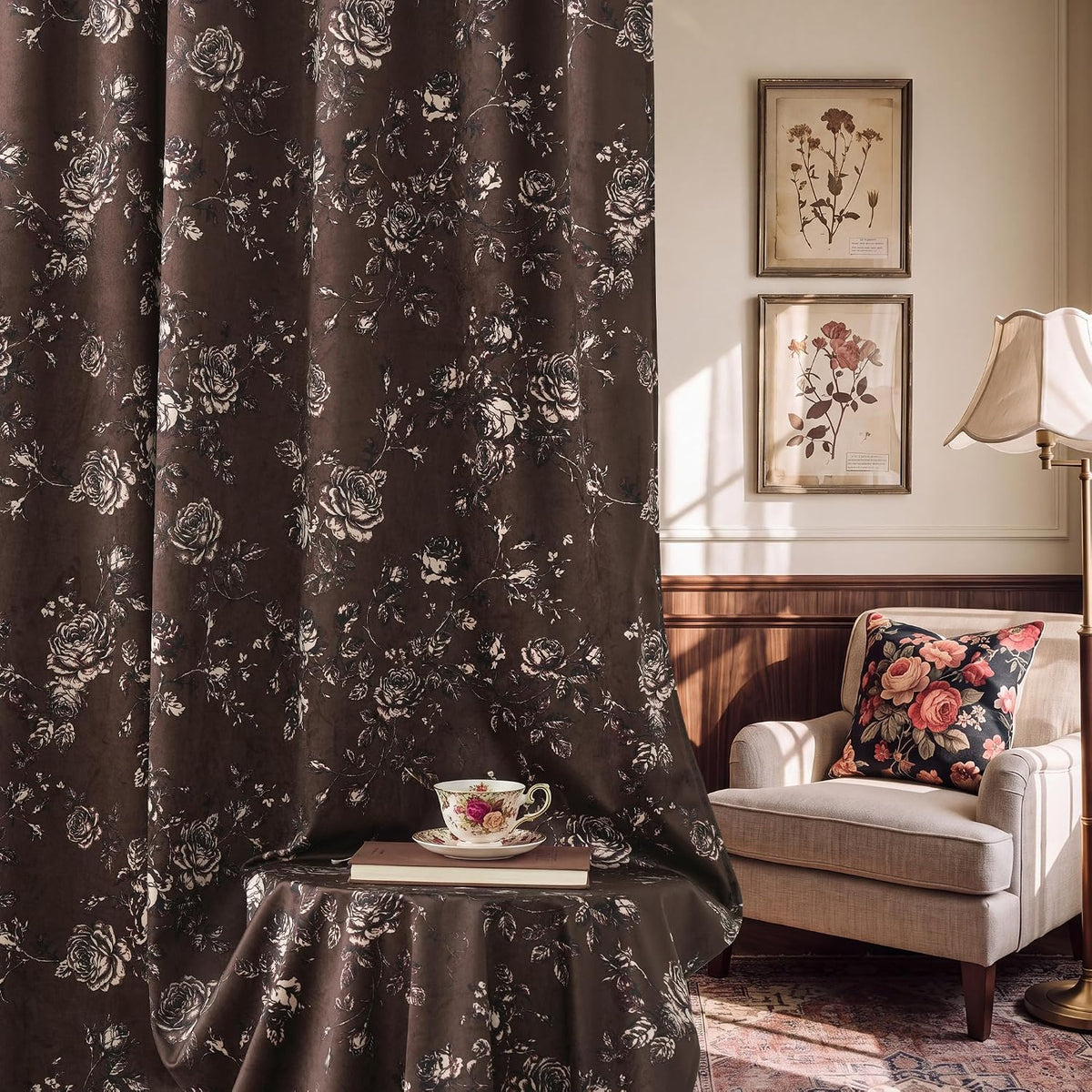 Brown Floral Velvet Vintage Curtains