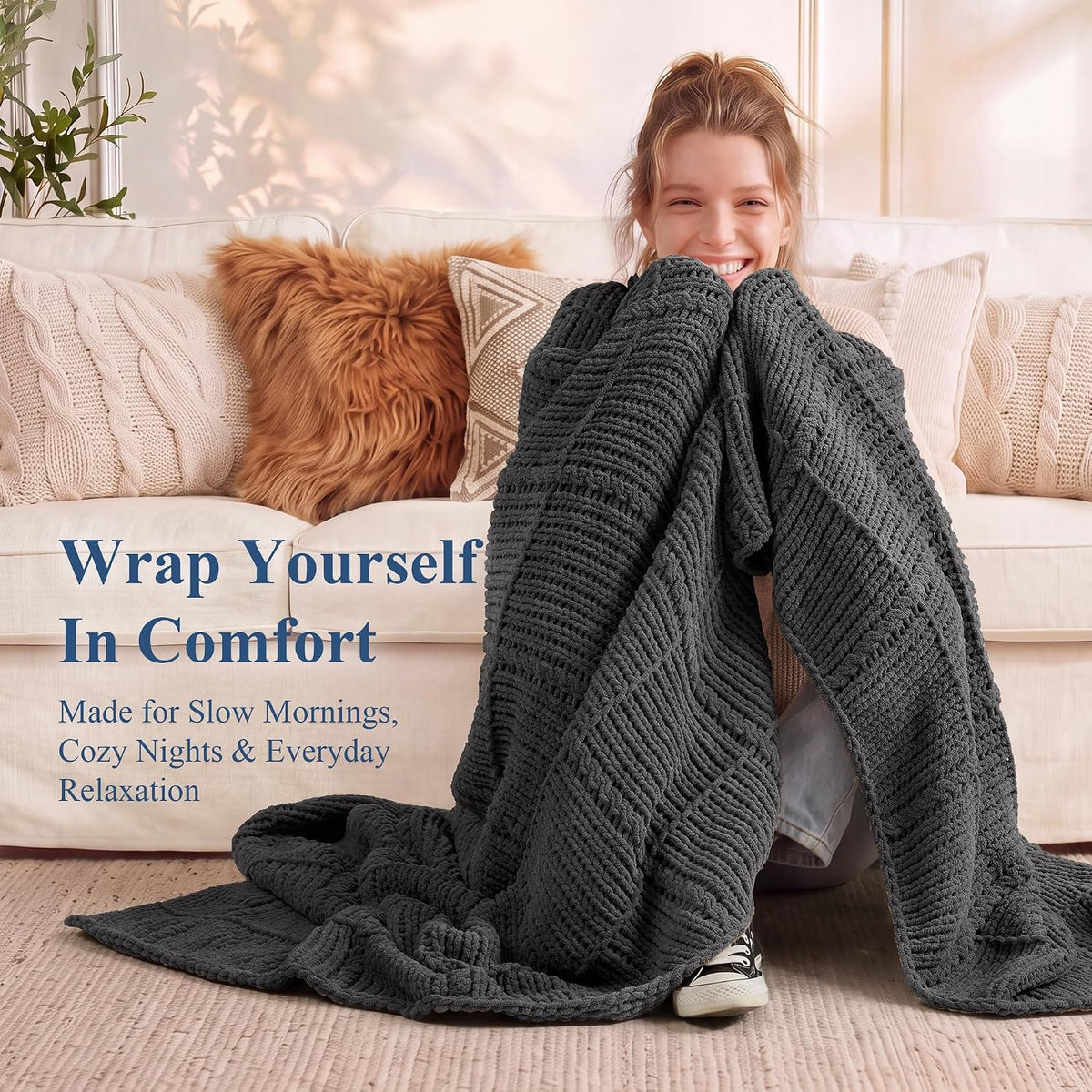 Gray Openwork Cable Knit Chenille Throw Blanket