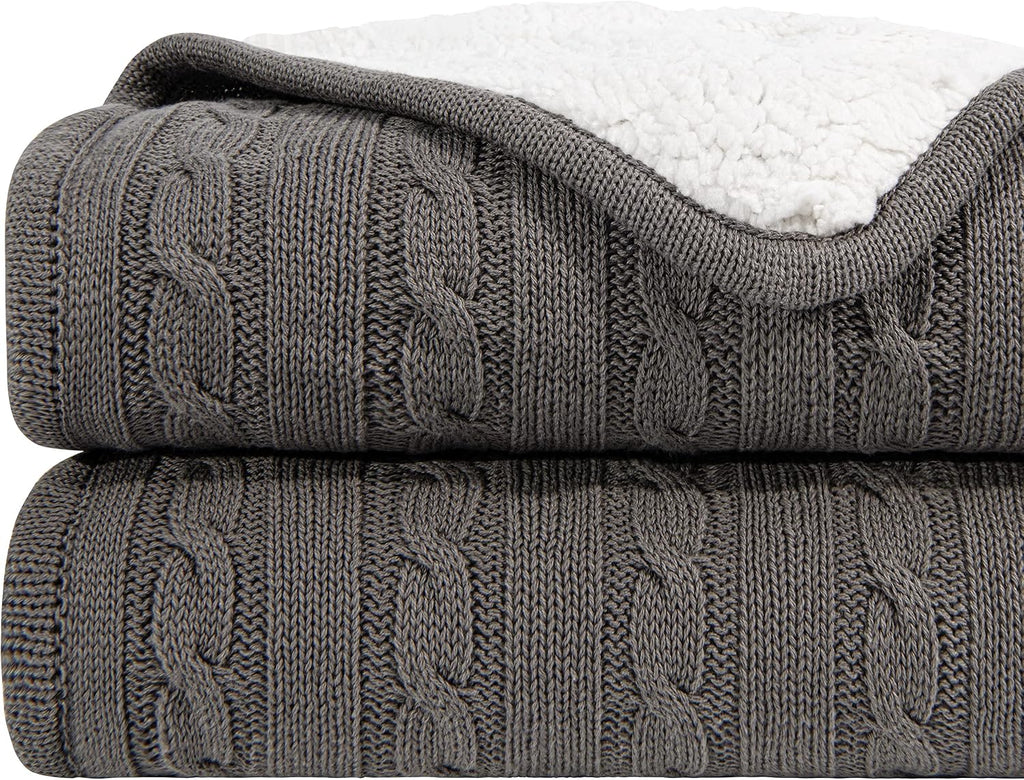 Grey Cotton Cable Knit Sherpa Throw Blanket