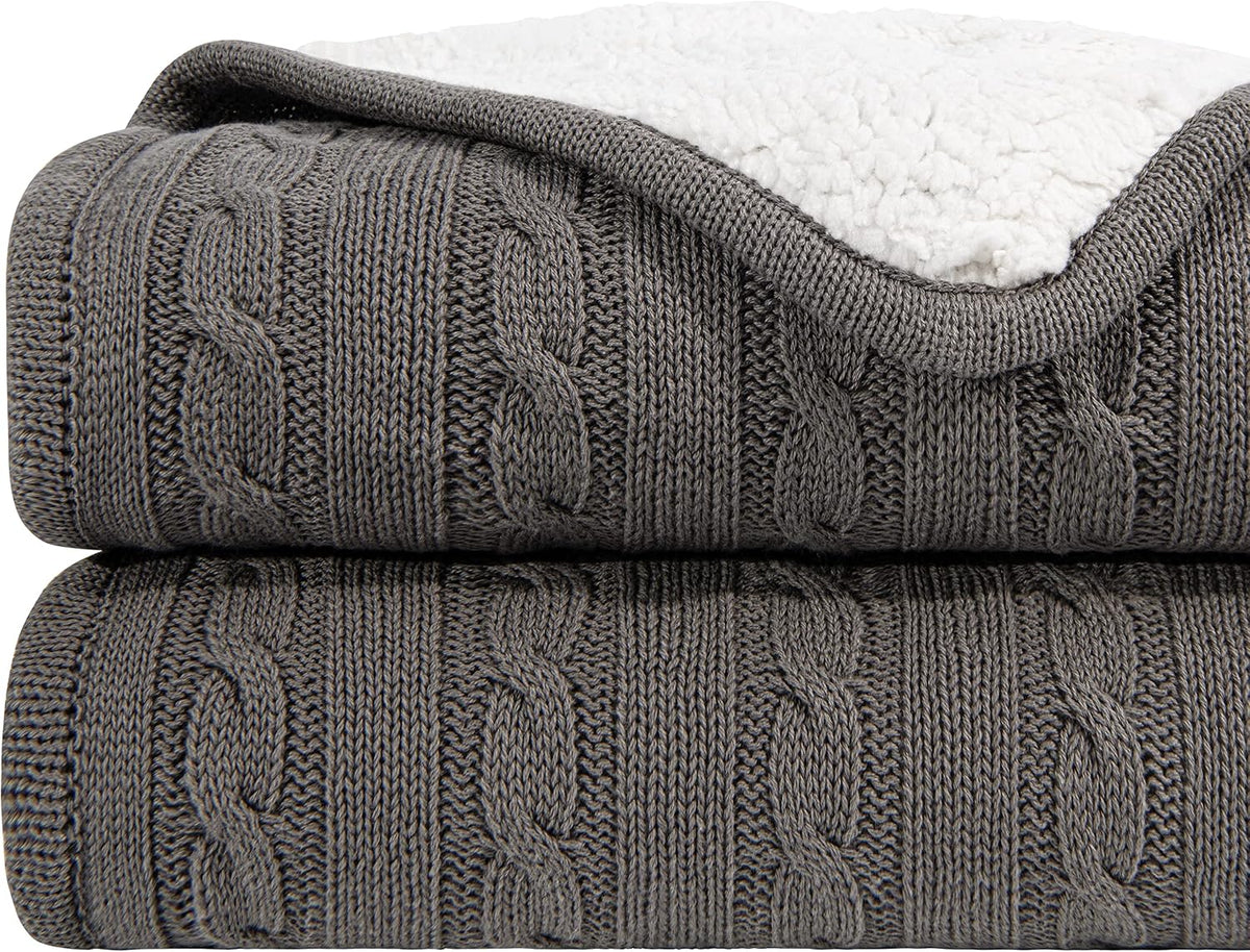 Grey Cotton Cable Knit Sherpa Throw Blanket
