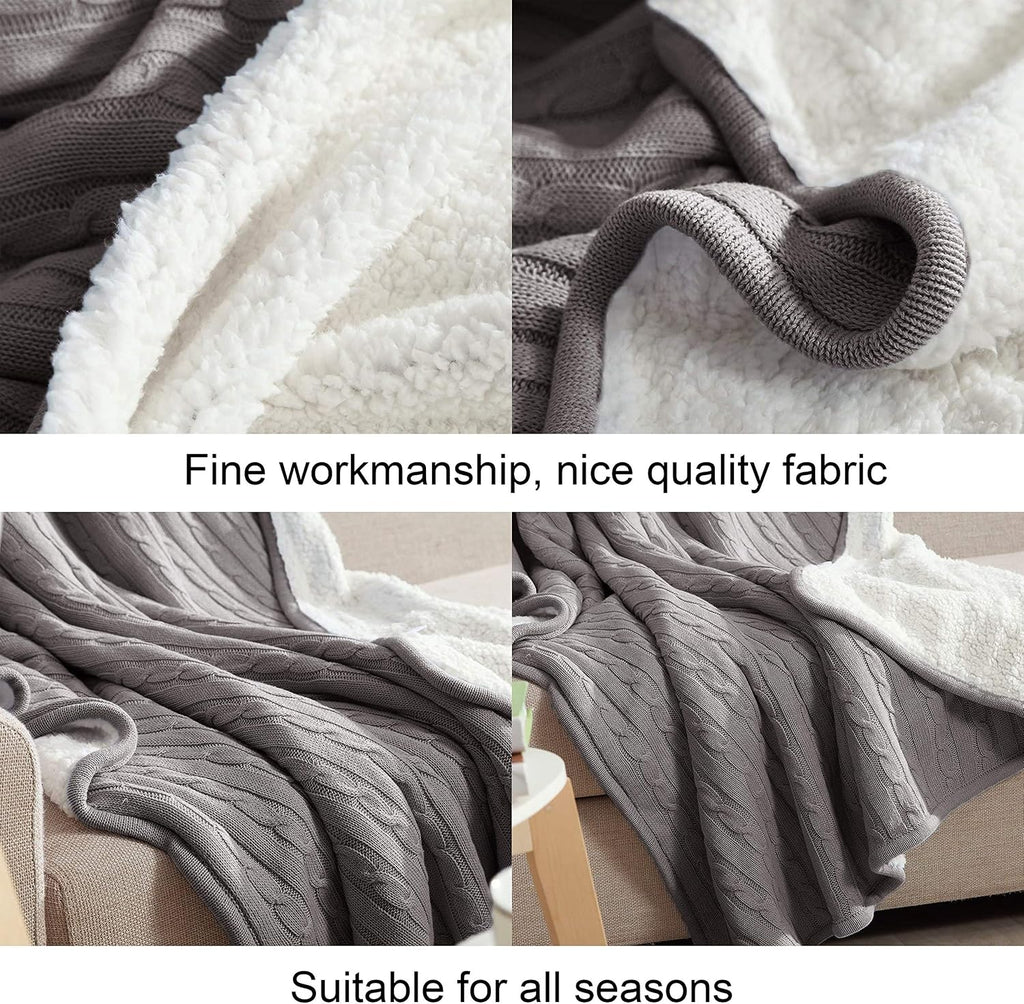 Grey Cotton Cable Knit Sherpa Throw Blanket