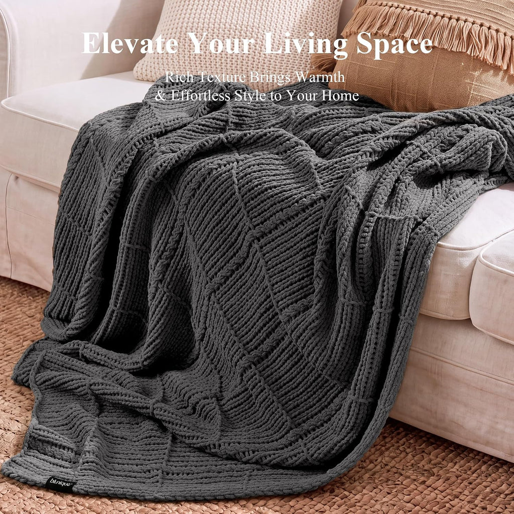 Gray Openwork Cable Knit Chenille Throw Blanket