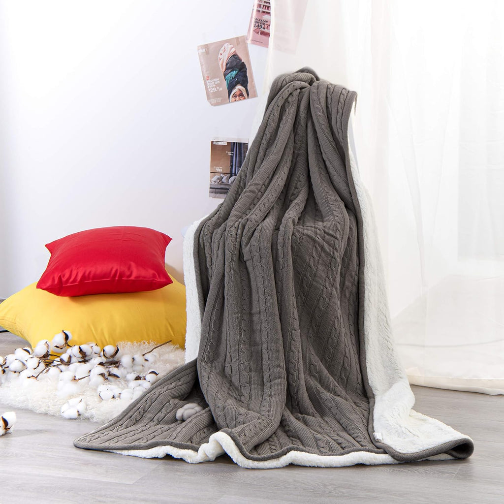 Grey Cotton Cable Knit Sherpa Throw Blanket