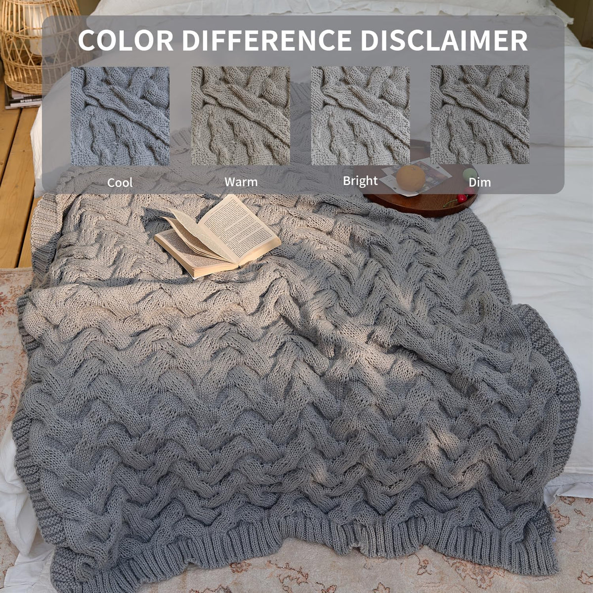 Light Grey Acrylic Cable Knit Throw Blanket