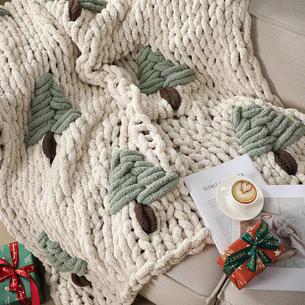 Green Chunky Knit Christmas Tree Throw Blanket