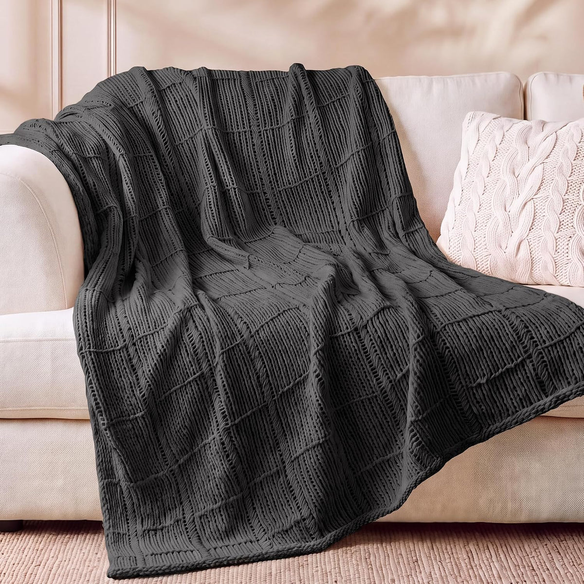 Gray Openwork Cable Knit Chenille Throw Blanket