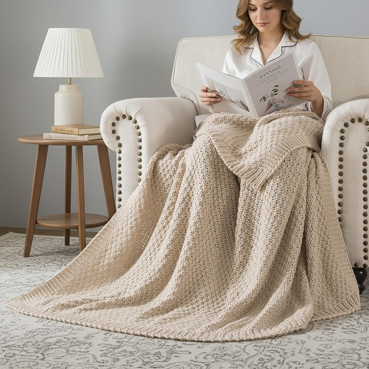 Camel Chunky Cable Knit Throw Blanket