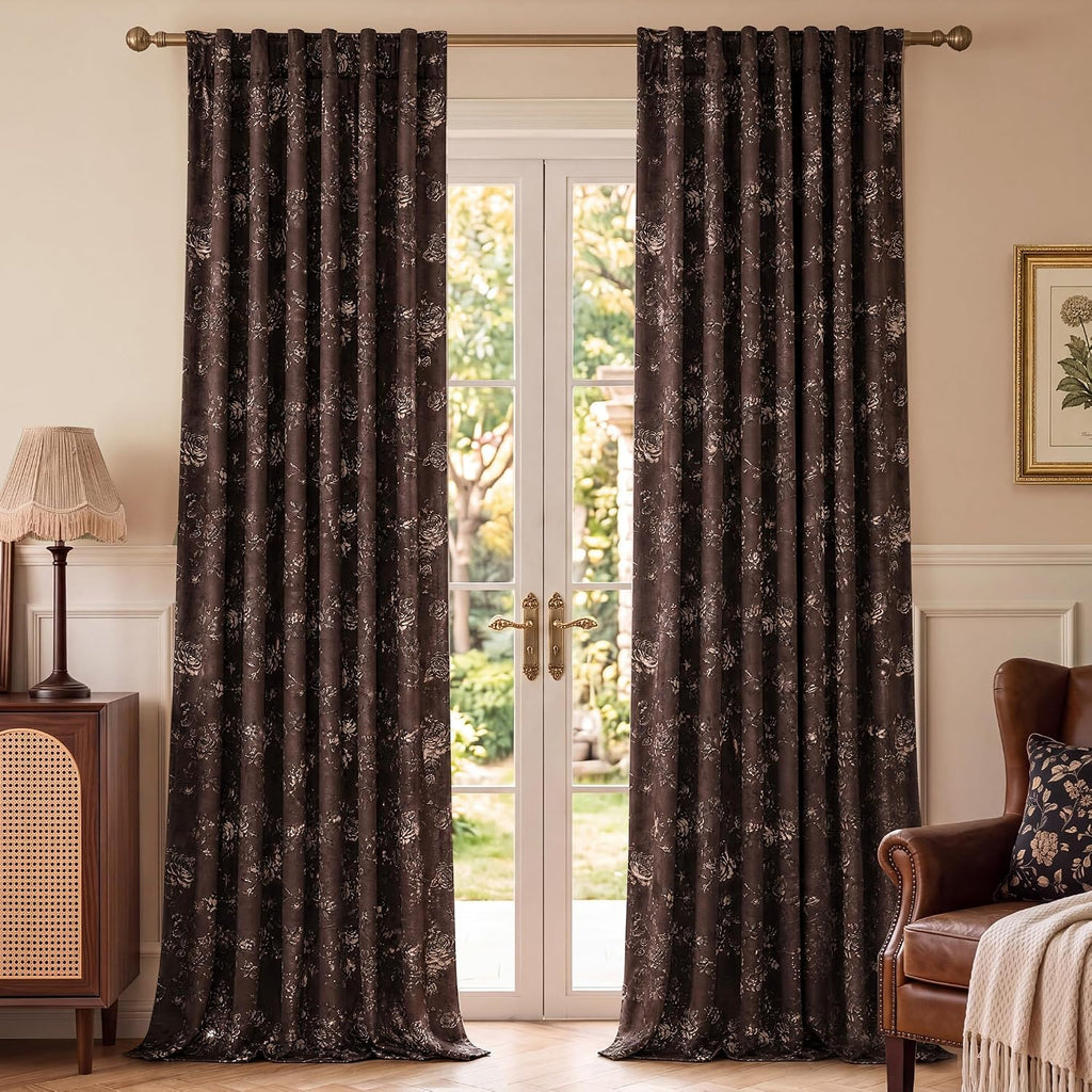 Brown Floral Velvet Vintage Curtains