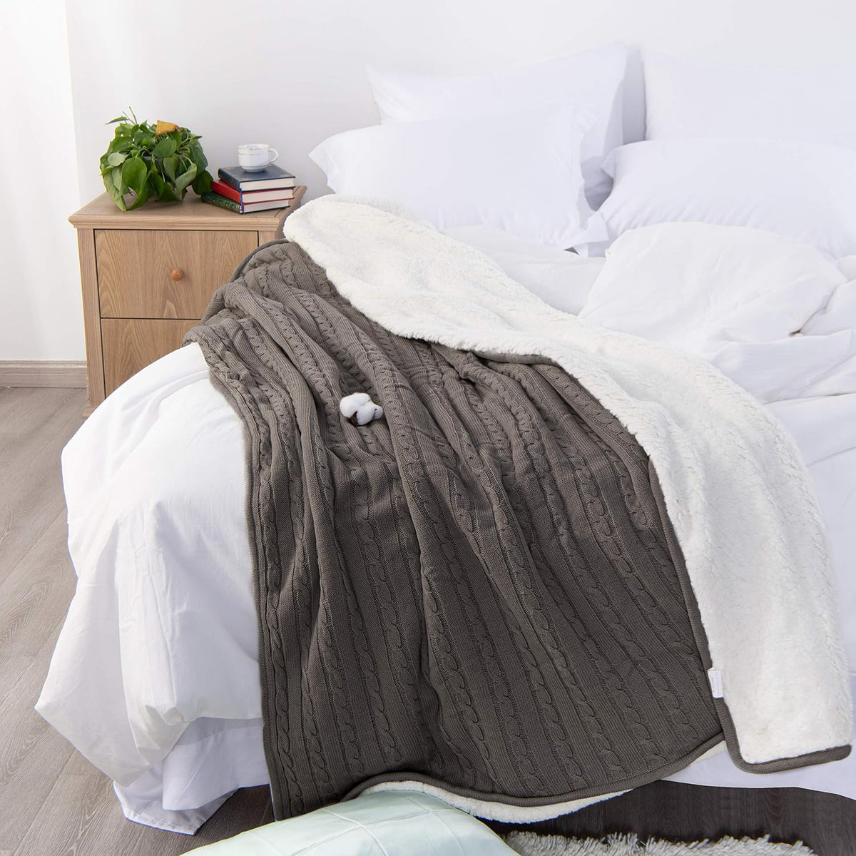 Grey Cotton Cable Knit Sherpa Throw Blanket