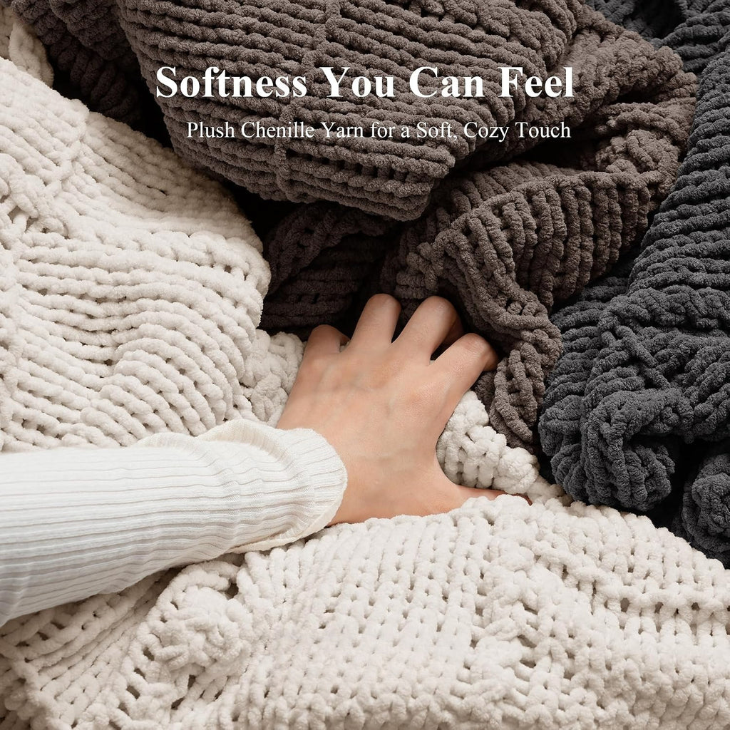 Gray Openwork Cable Knit Chenille Throw Blanket
